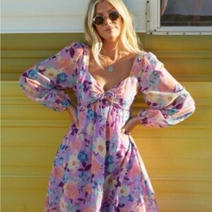 Billabong The Salty Blonde Purple Long Puff Sleeve Sundress L Coastal-Cottage